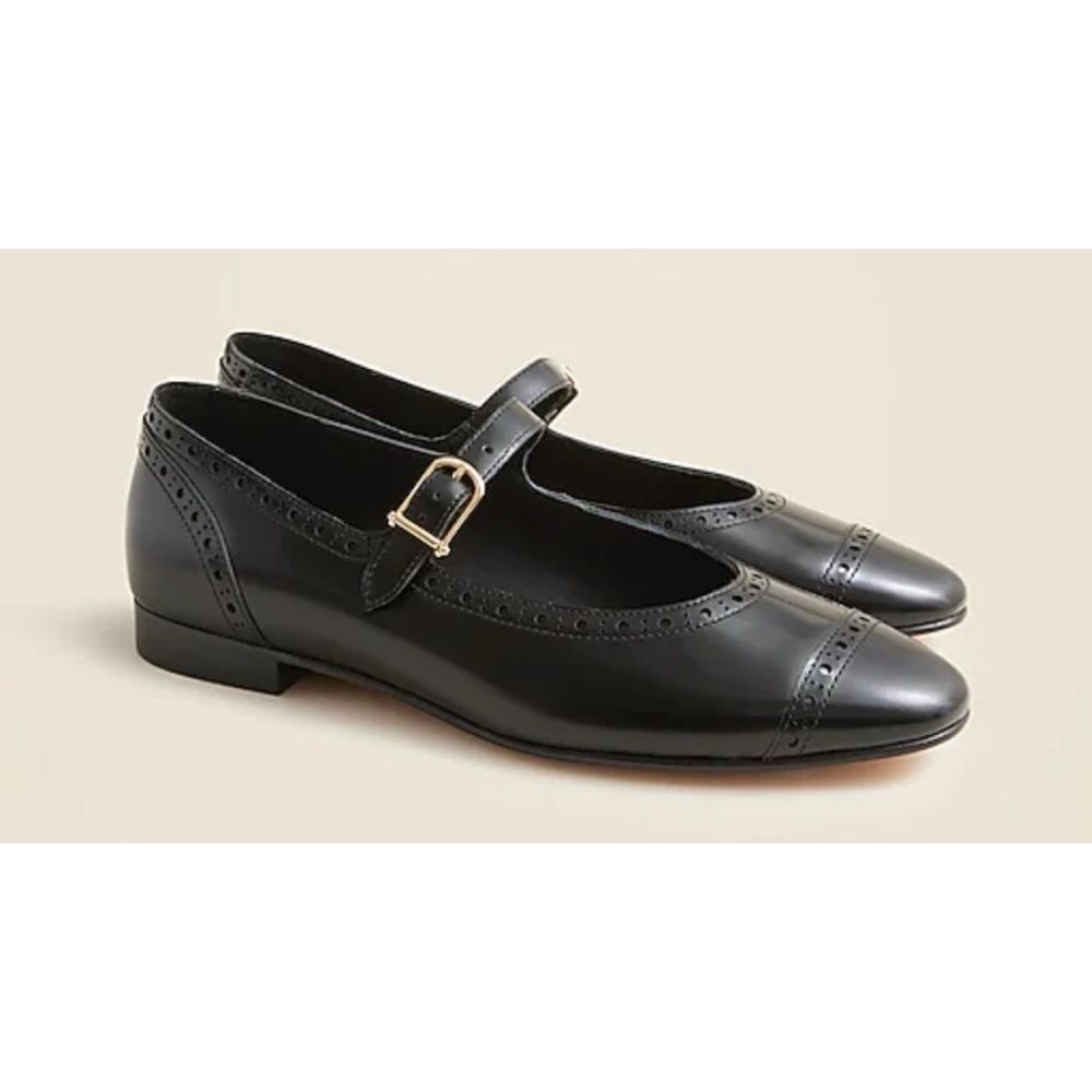 J. Crew Wing Tip Mary Jane Ballet Flats In Spazzolato Leather ~ Black ~ Size 9